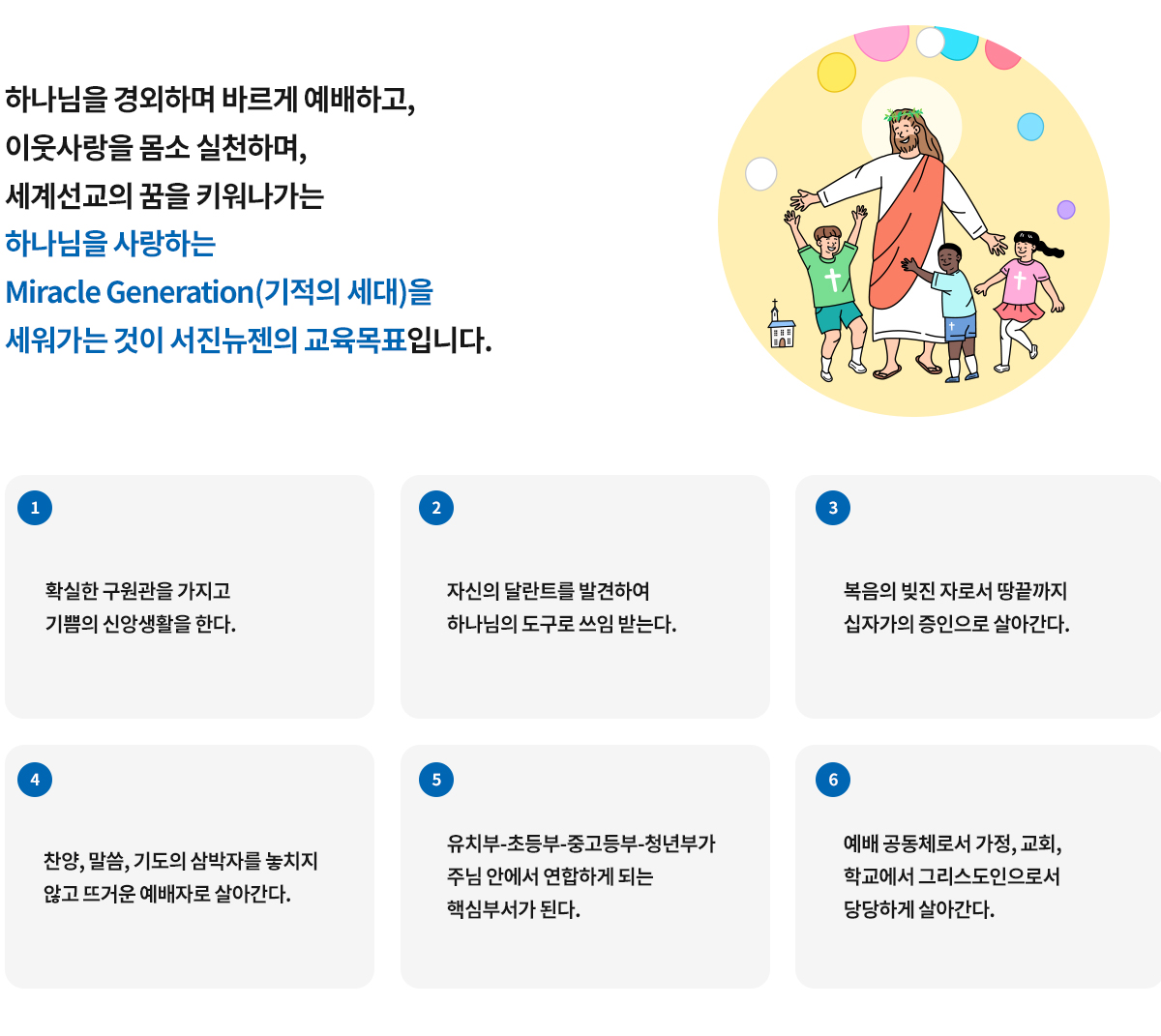 하나님을 바르게 예배하고, 이웃사랑을 실천하며, 세계선교의 꿈을 키워가는 하나님을 사랑하는 믿음의 세대를 세워가는 것이 꿈땅의 교육목표입니다.